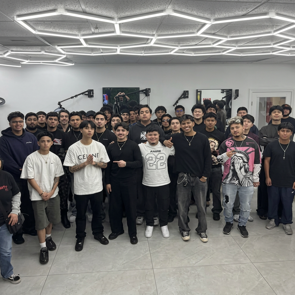 The Truly Blessed team gathered together in the barbershop