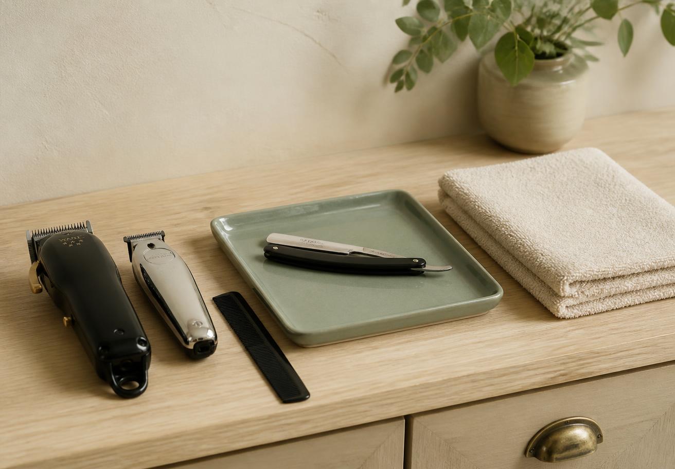 Clippers, comb, razor and warm towel on a pale oak counter