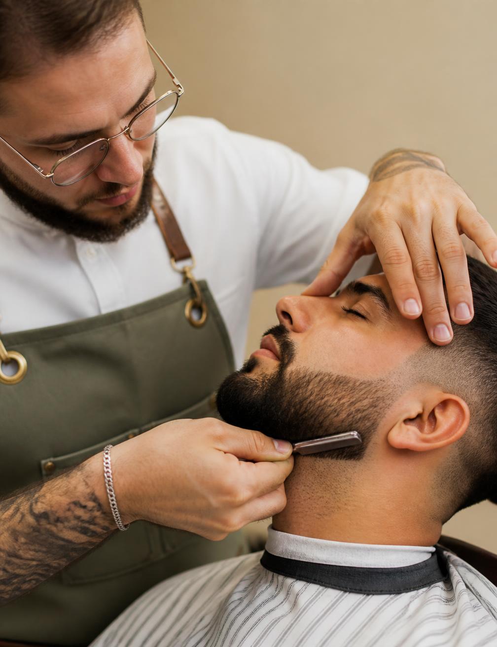 Barber shaping a beard with a straight razor
